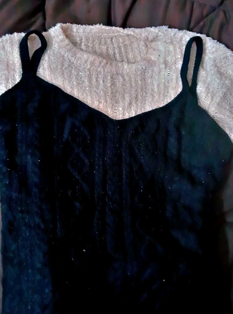 Black Sleeveless Woolen Dress With Free Inner Top