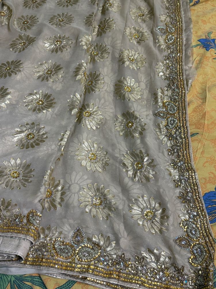 Embroidered Floral Sari And Free  Lack Purse