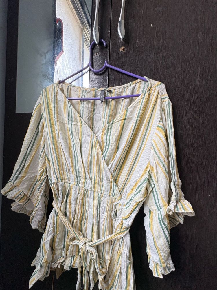Striped Wrap-Style Ruffle Top