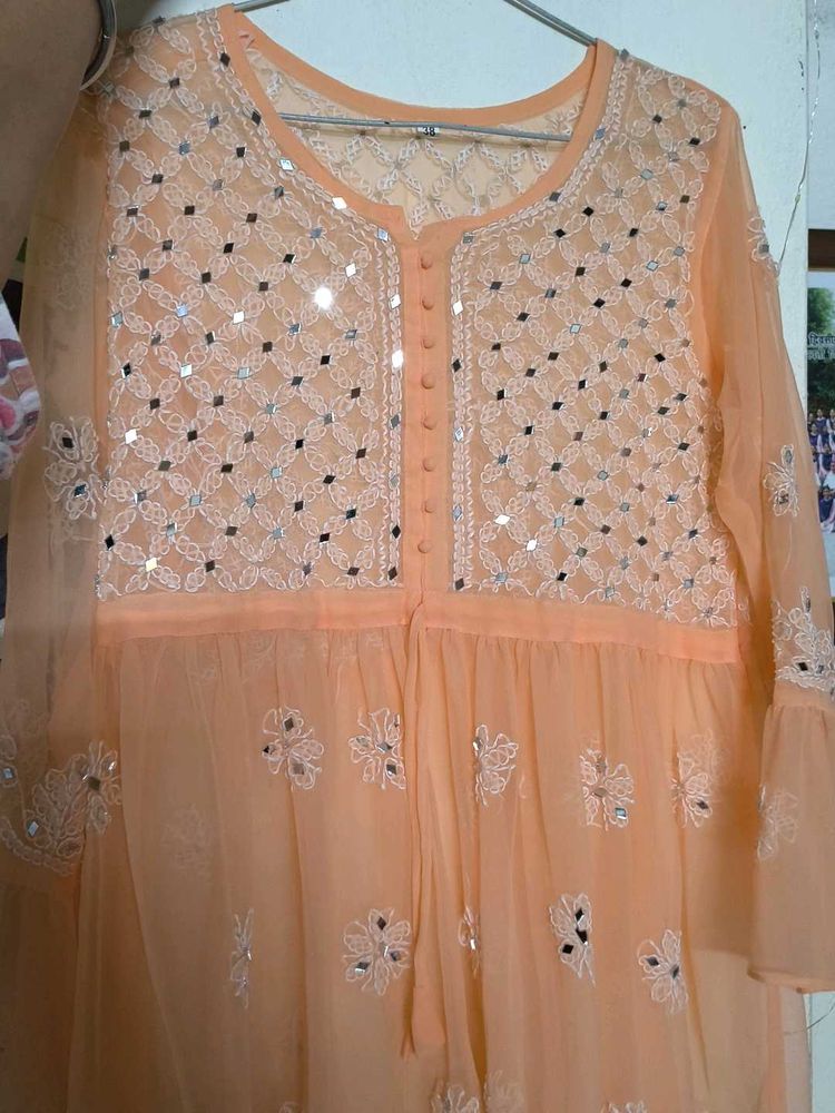 Peach Mirror-Work Kurti