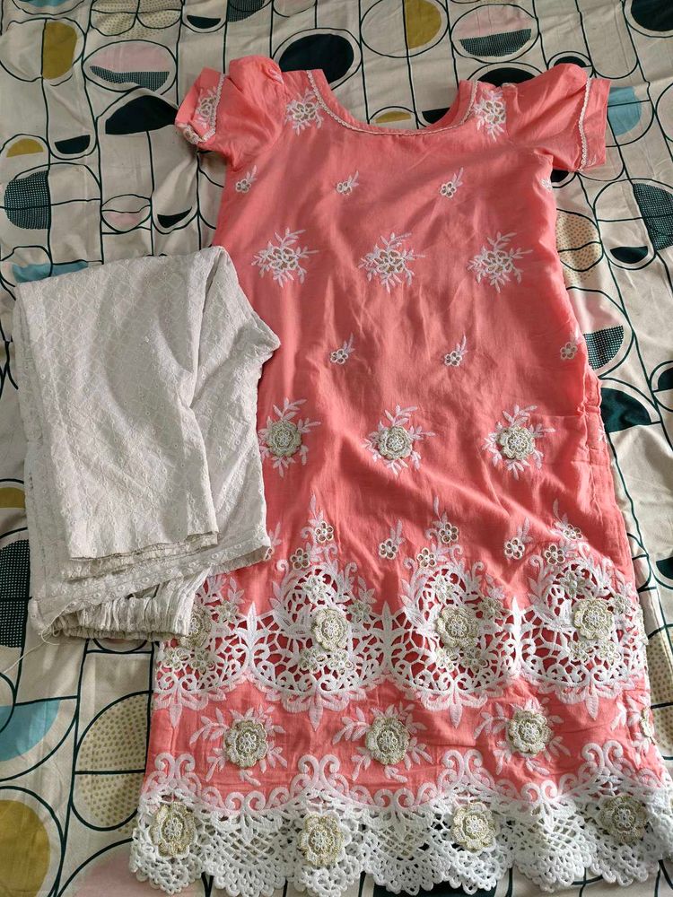 Peach Embroidered Kurta With Chikankari Pant