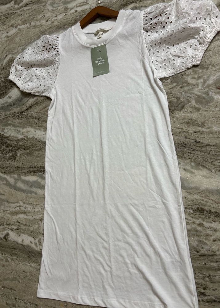 H&amp;M White Eyelet Sleeve Dress
