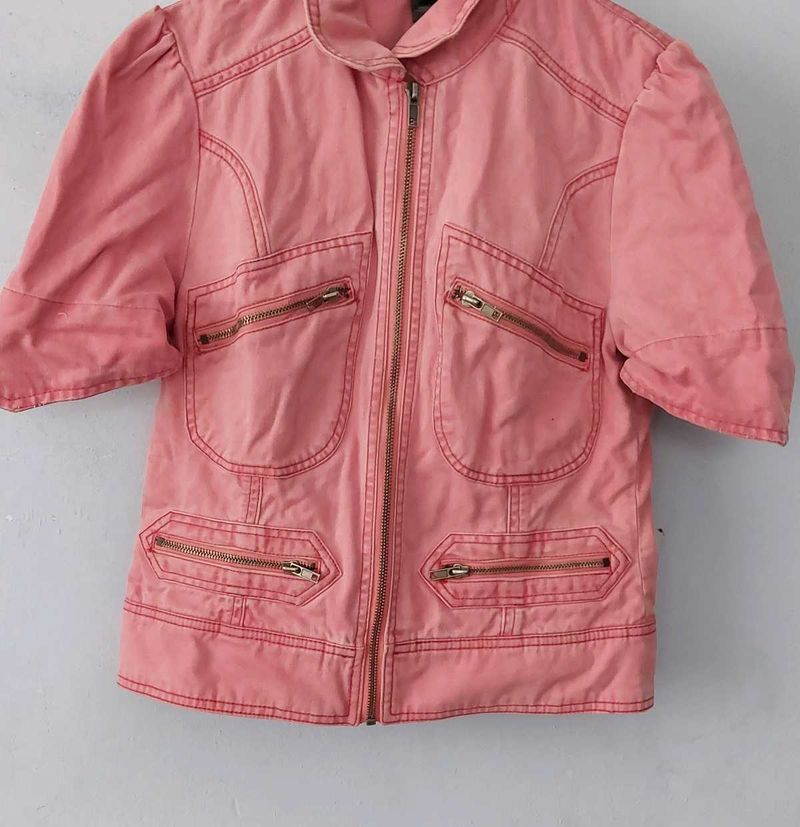 Pink Cropped Zipper Jacket
