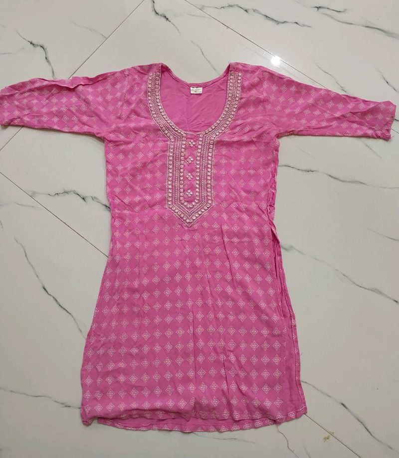 Pink Embroidered and purple Short Kurti ☘️