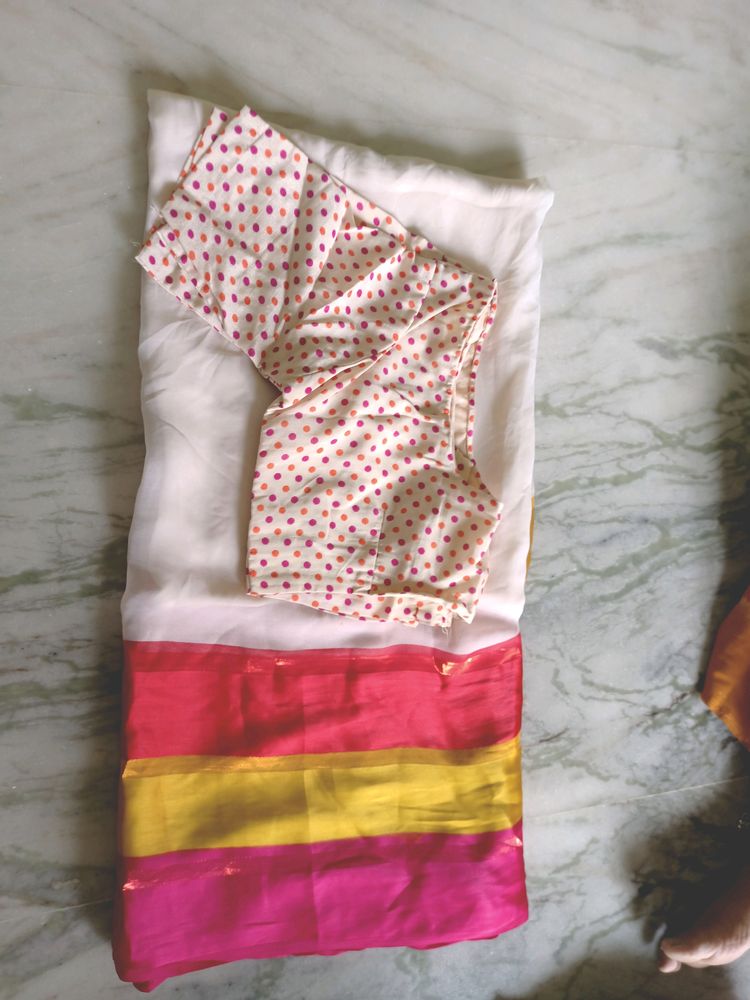 White.Pink And Yellow Saree