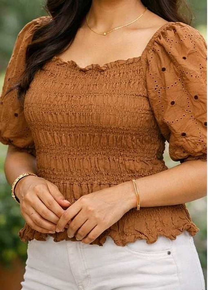 Brown Smocked Puff Sleeve Top