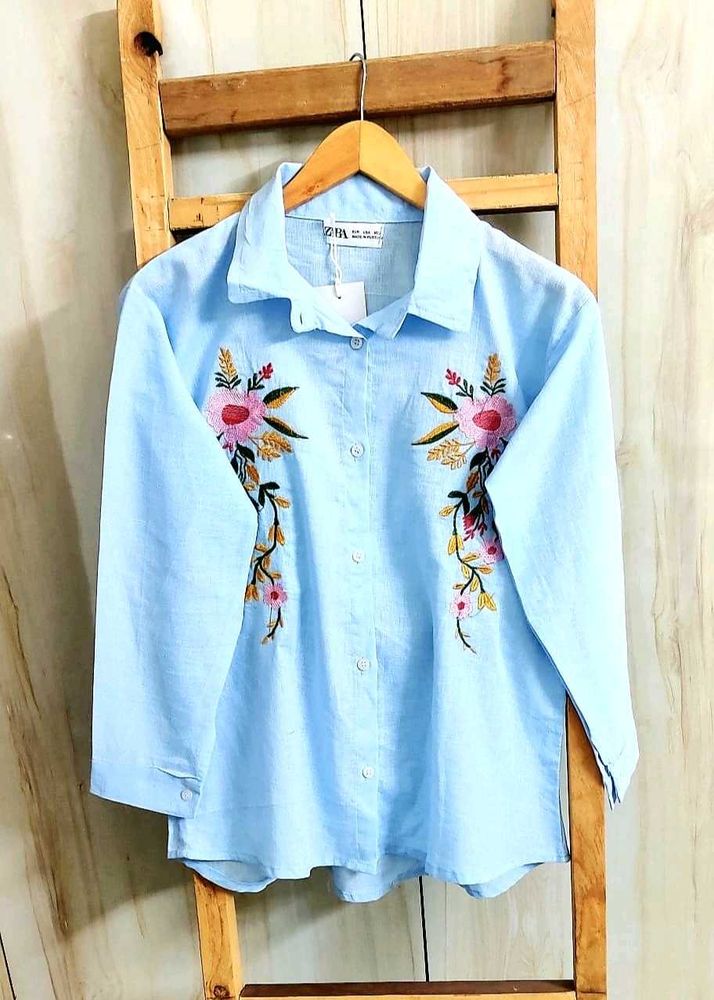Sky Blue Embroidery Work Cotton Shirt Size-36
