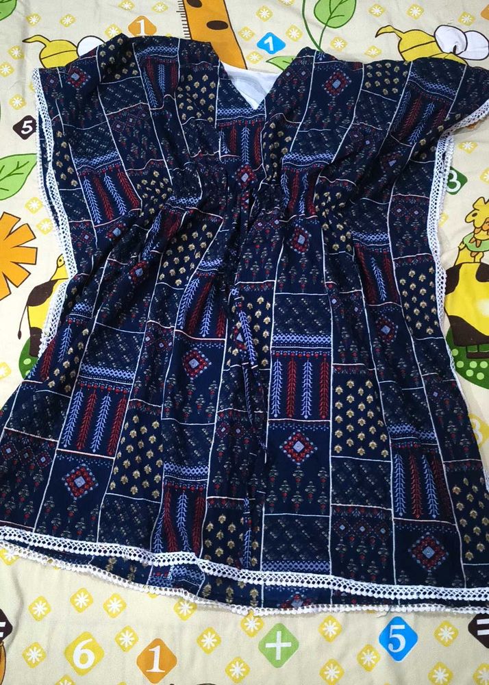 Patterned Navy Caftan with Lace Trim