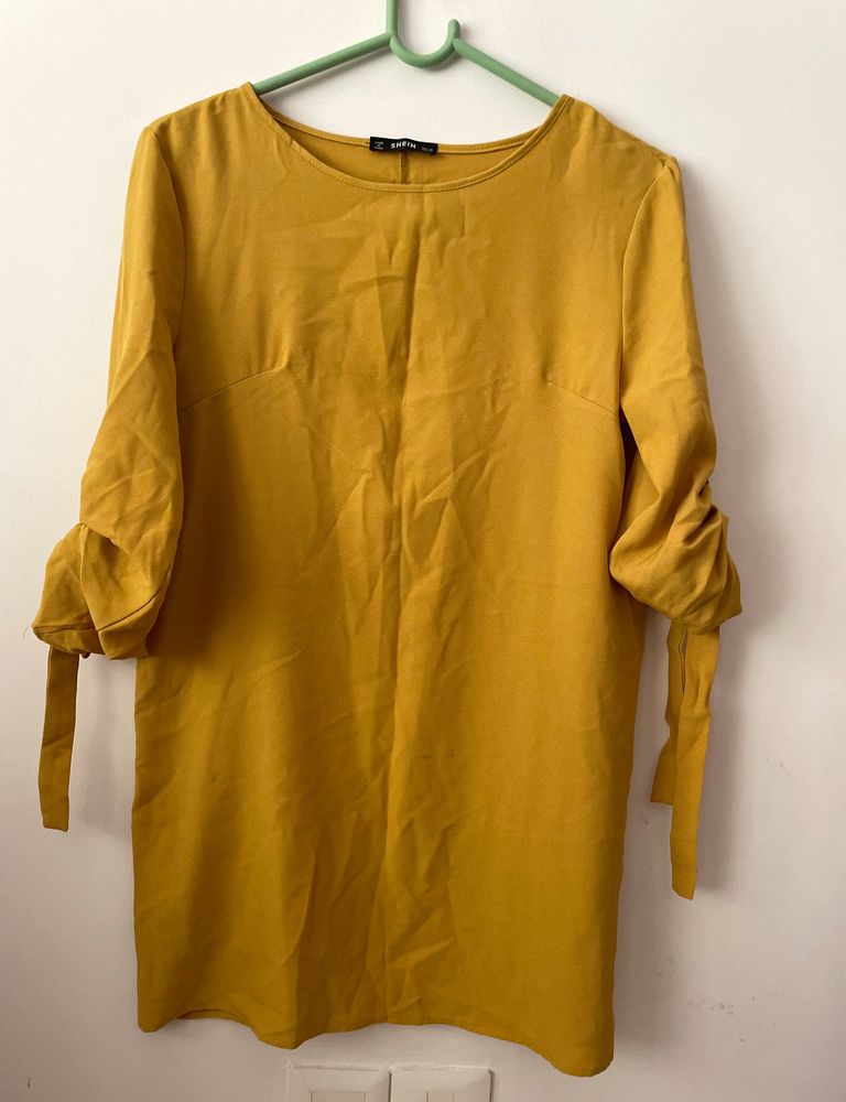 Shein Mustard Dress with tie up sleeves