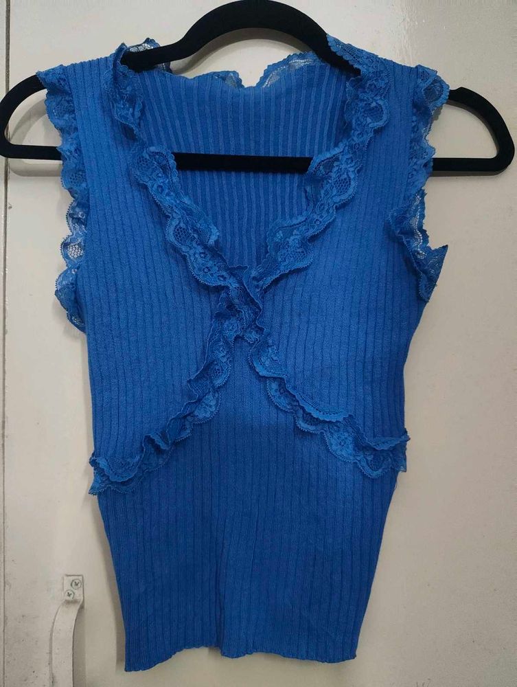 Blue Lace Trim Knit Top
