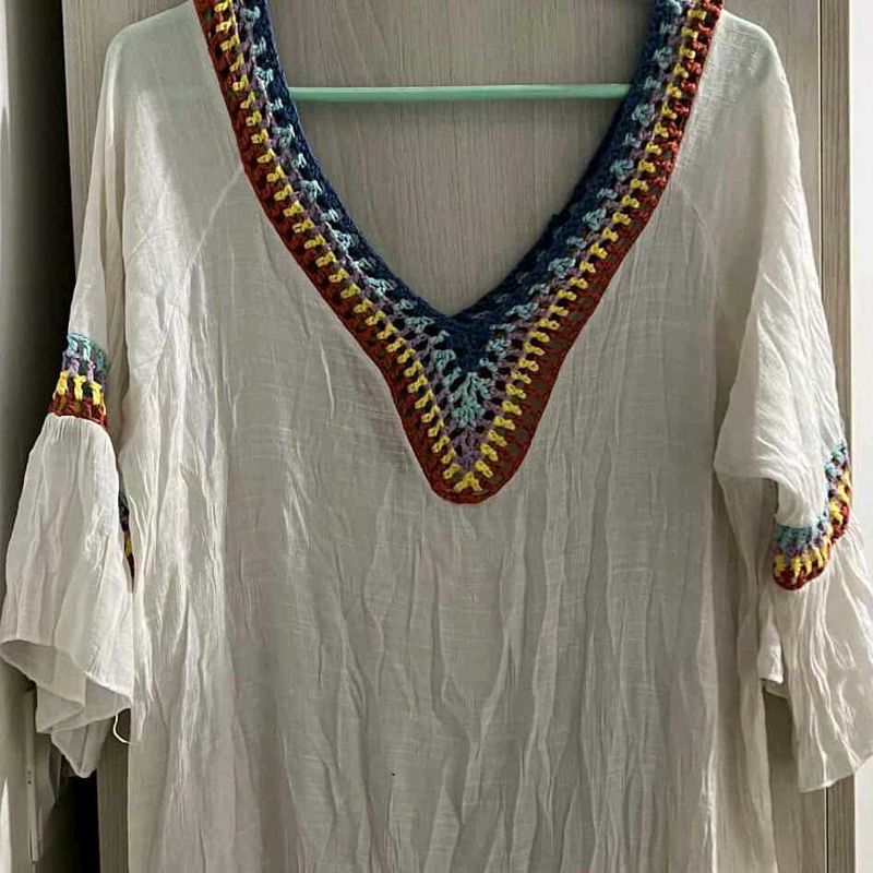 White Crochet Trim Tunic Top