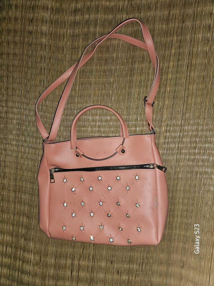 Peach Coloured Studded PU Structured Handheld Bag