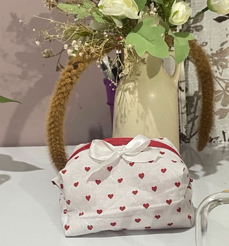 Heart Print Cosmetic Bag with Bow❤️