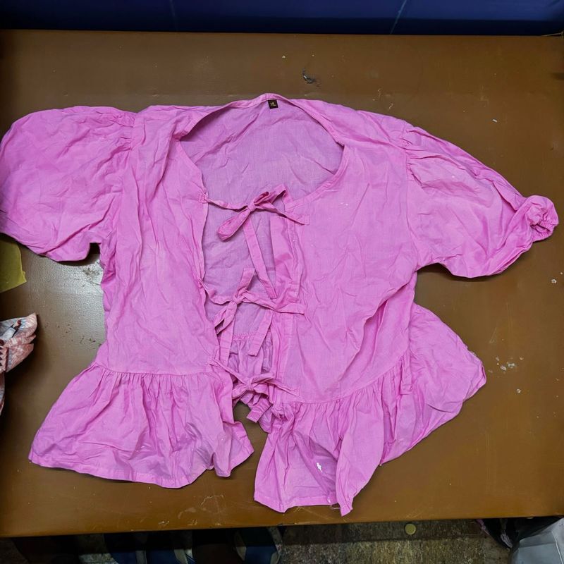 Pink Puff Sleeve Front Tie Top