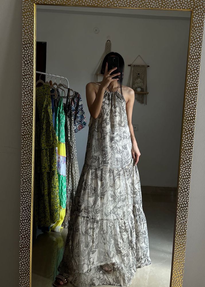 Printed Beige Golden Chiffon Round Neck MAXI