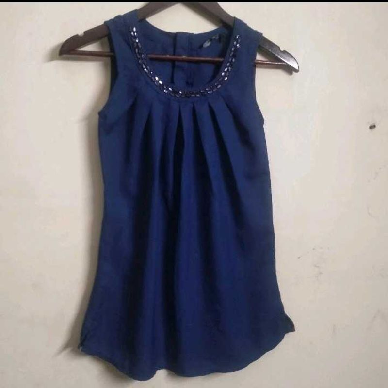 Blue Sleeveless Top With Stone work
