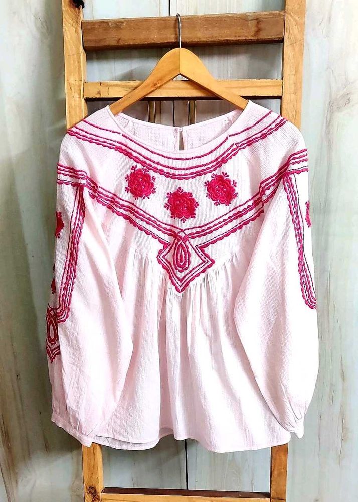 Embroidered Pink Peasant Blouse size-46-48