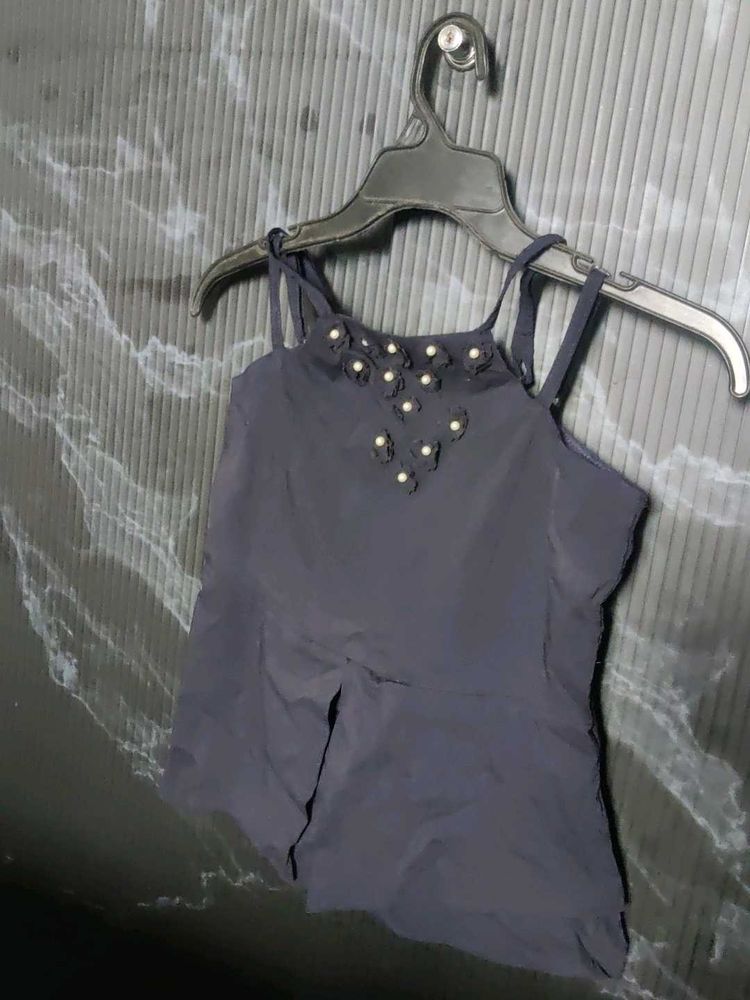 Elegant Dark Blue Pearl-Trimmed Top