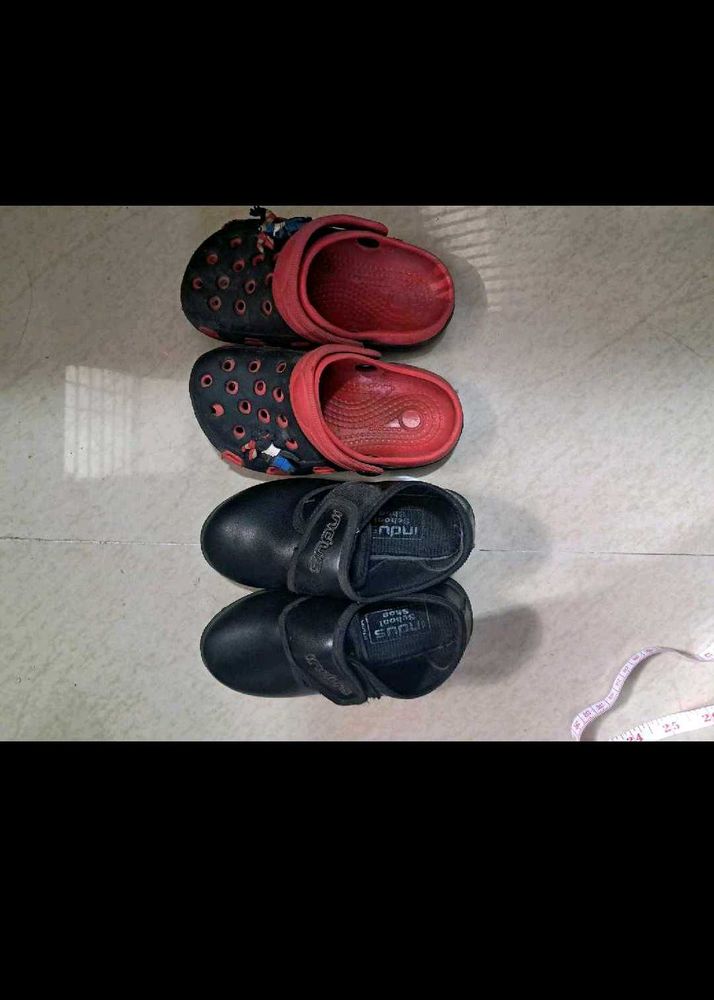 Combo Of Red  Black Clogs And School Shoes