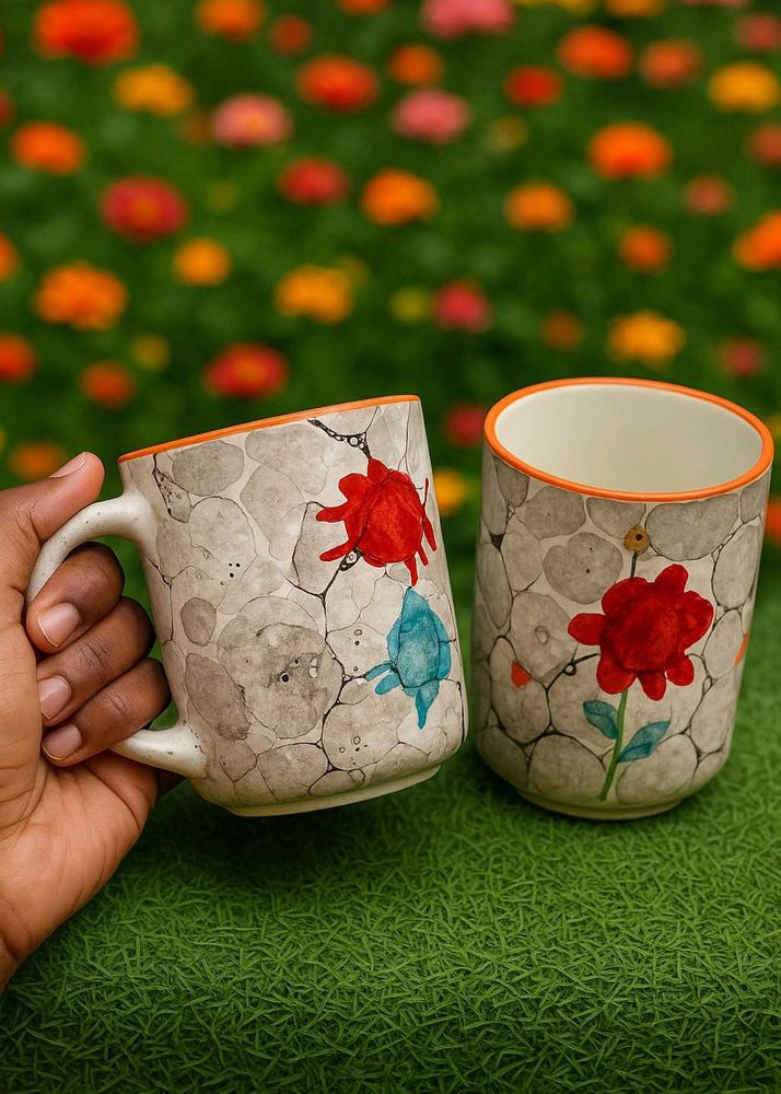 Hand-Painted Floral Ceramic Mugs (Set of 2)
