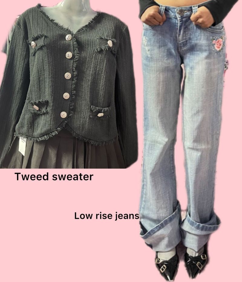 Combo Tweed Blazer Jacket &amp; Low Rise Jeans