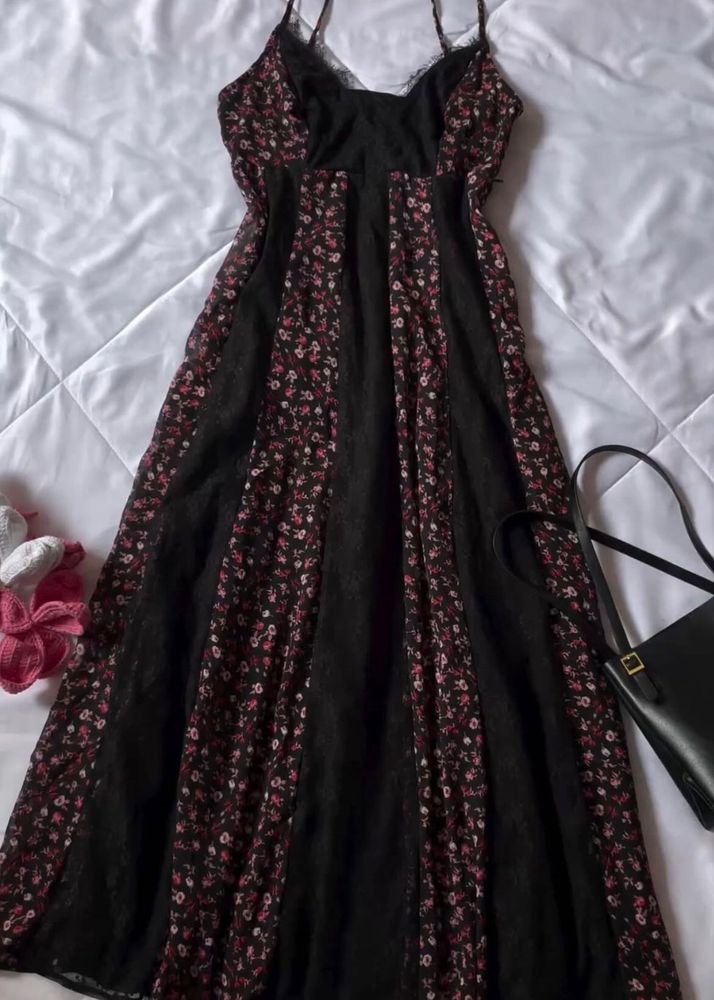Black Floral Lace Trim Midi Slip Dress