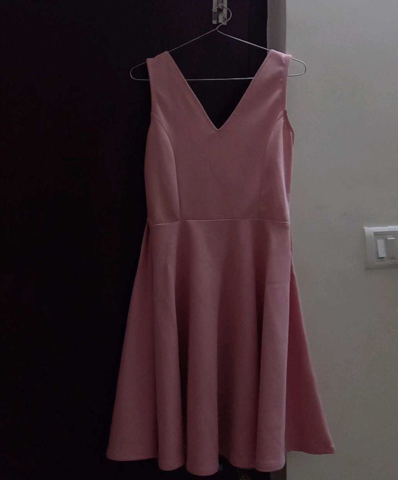 Pink Deep V Neck Mini (Knee Length) Dress