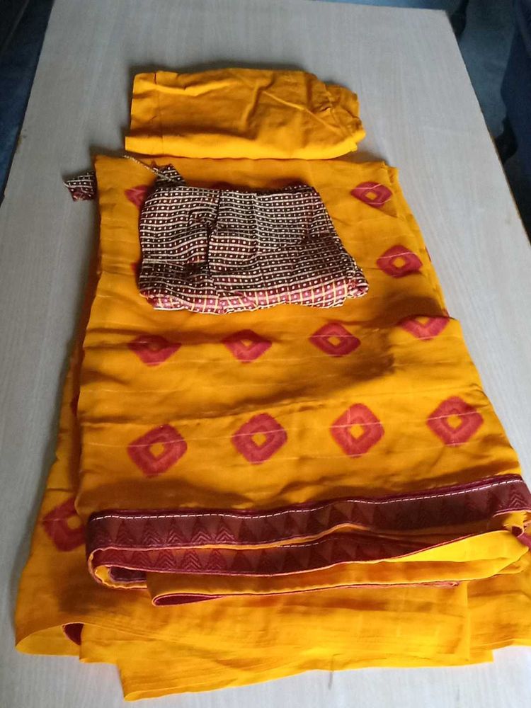 Mustard Yellow Chiffon Saree With Blouse