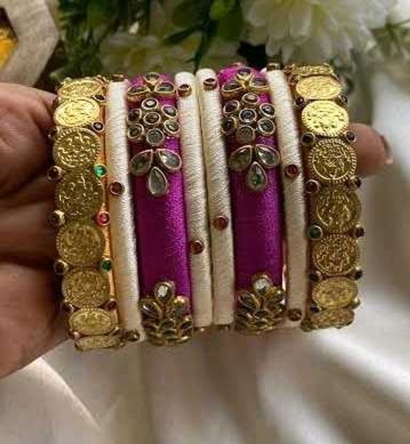 Silk Thread Coin Bangles - Set of 6