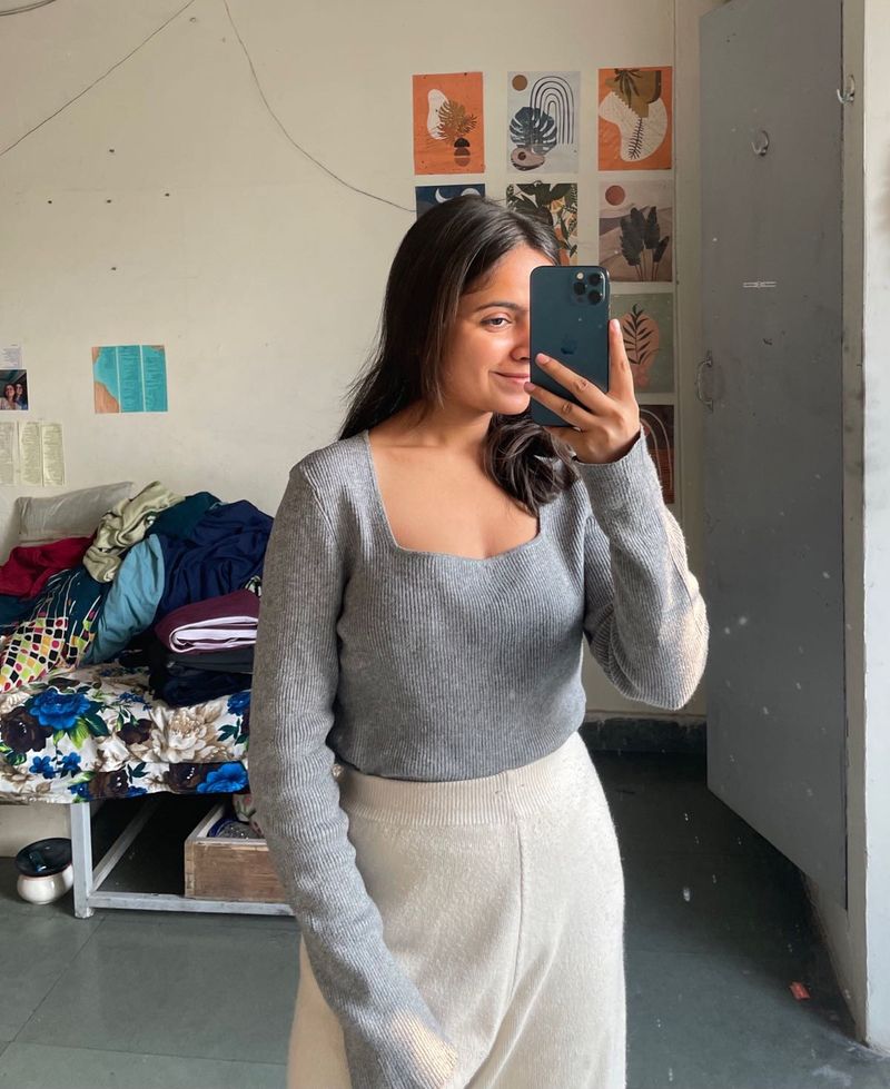 Grey Knit Square Neck Sweater