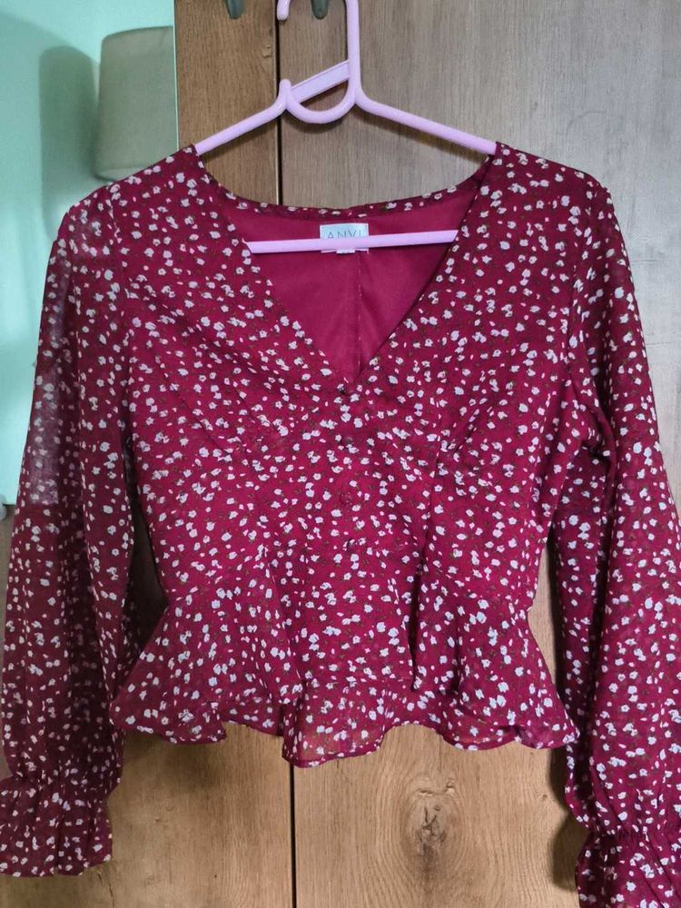 Floral Print Long Sleeve Top (Maroon &amp; White Flora