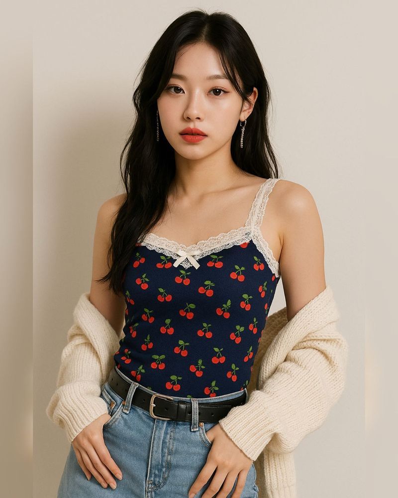 🍒y2k cherry Prints Lace Details Tank Top