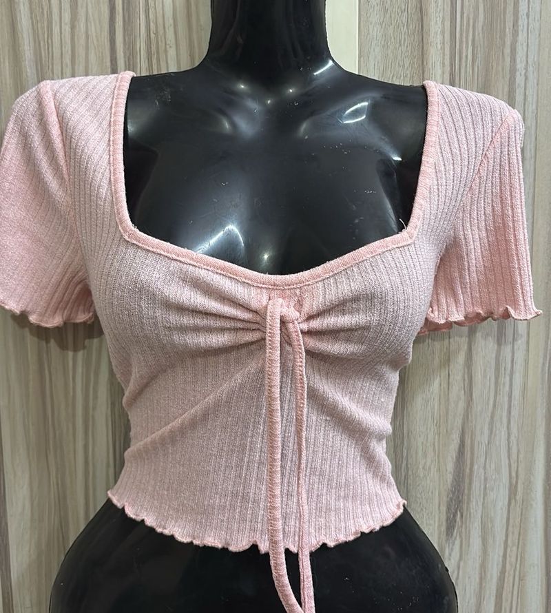 Pink Ribbed Tie Front Top