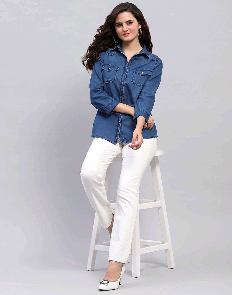 Monte Carlo Women Blue Light Wash Cotton Shirt