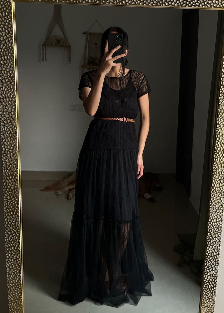 A-LINE MESH TIERED MAXI DRESS
