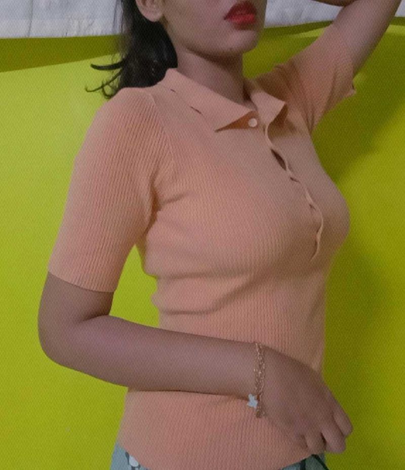Peach Knit Polo Top