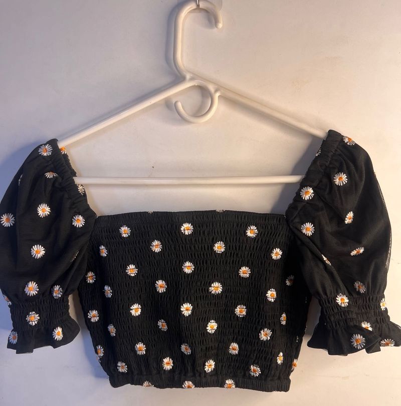 Black Floral Puff Sleeve Top – Stretchable &amp; Comfo