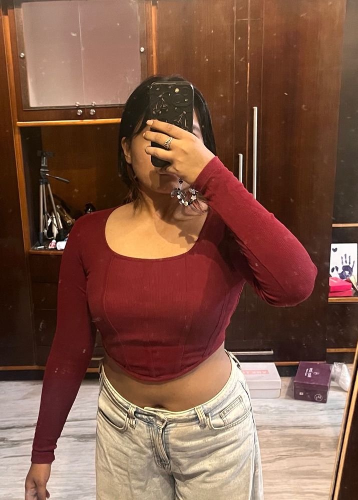 Maroon full sleeve Corset style crop top