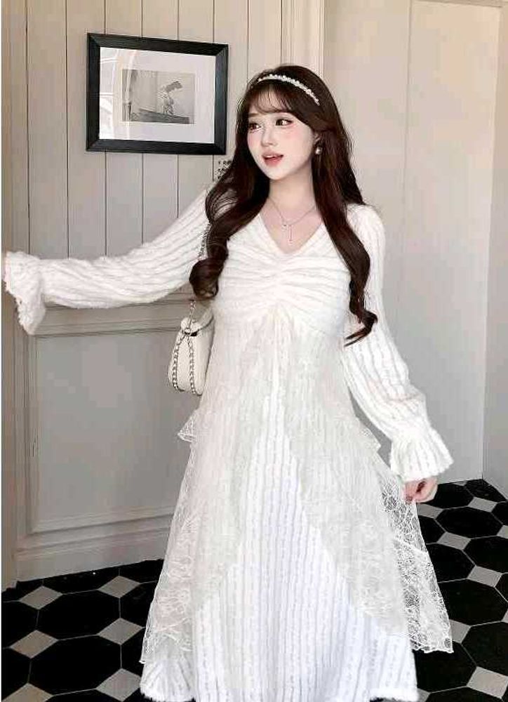 korean fur White Dress