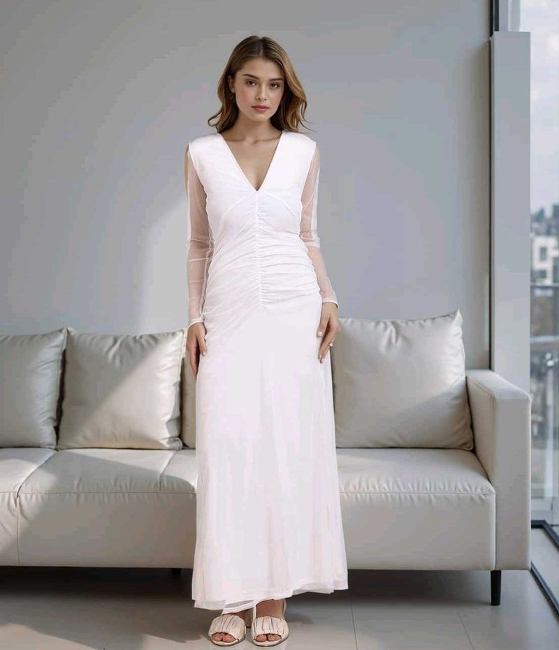 Deep V-Neck Front Ruched Mesh Sleeves A-Line Dress