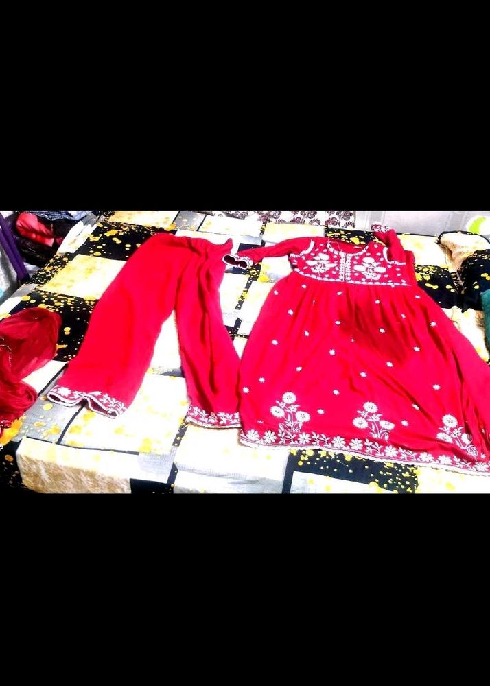 Red Embroidered Kurta Set