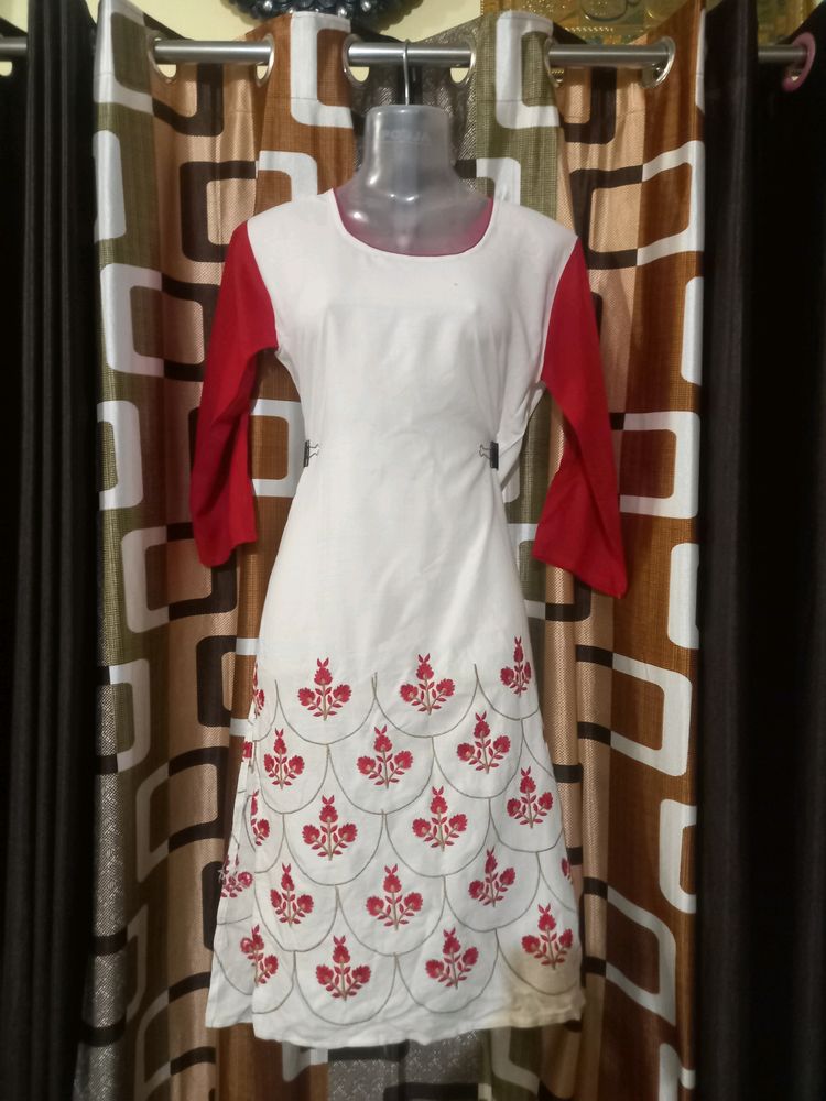 New White With Red Color Kurta Pack Of 1