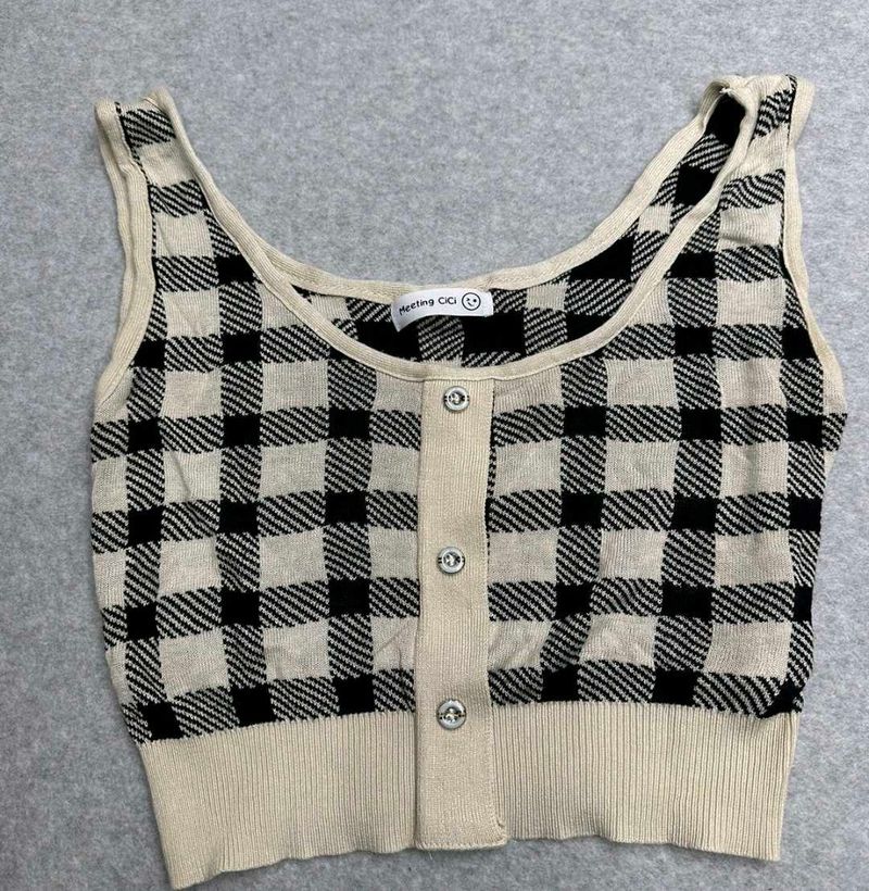 Checkered Knit Button-Up Top