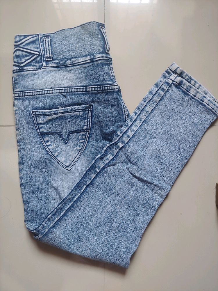 Scratched Denim Blue Jeans