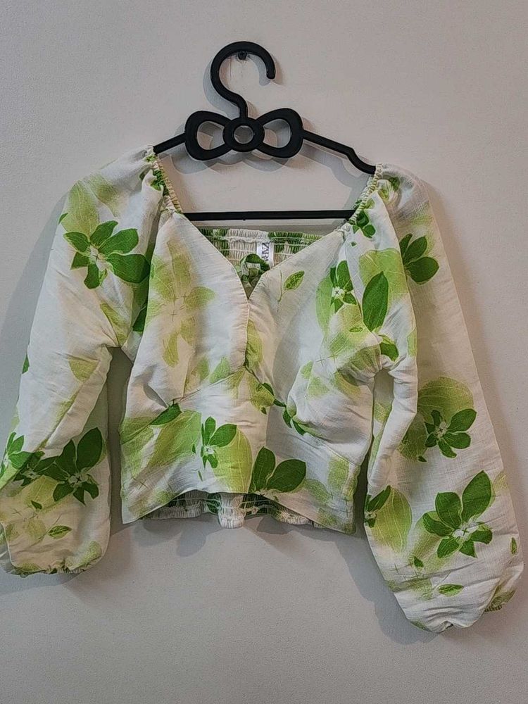 White And Green Floral Crop Top With A Keyhole