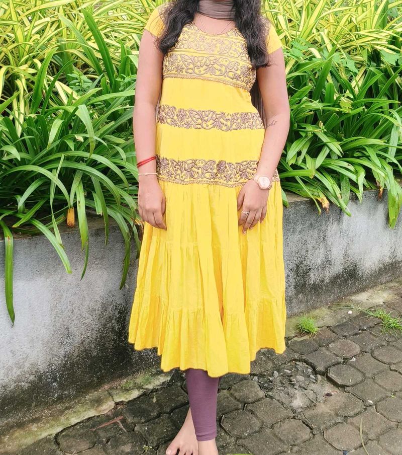 Yellow Tiered Kurta with Pant and dupatta