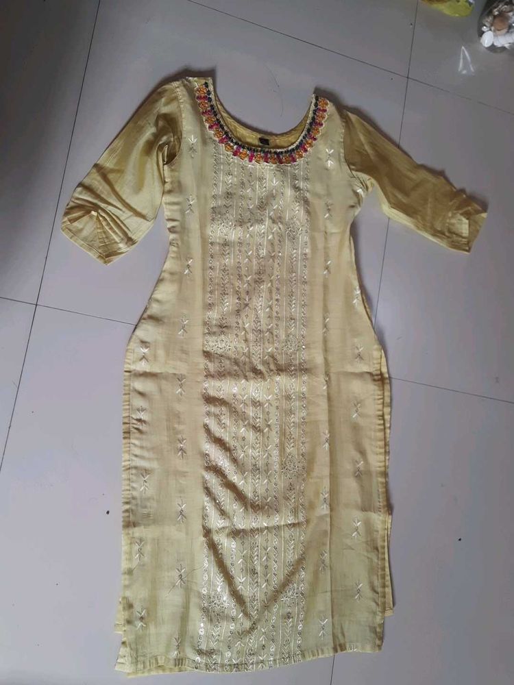 Yellow Embellished Kurti Pant Set