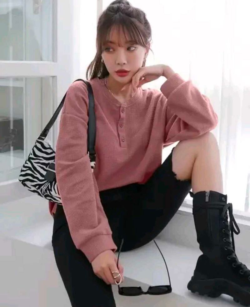 Pink Waffle Knit Henley Top