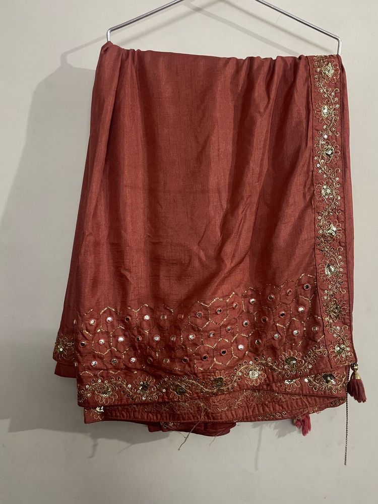 Peach Mirror Work Saree With Blouse.