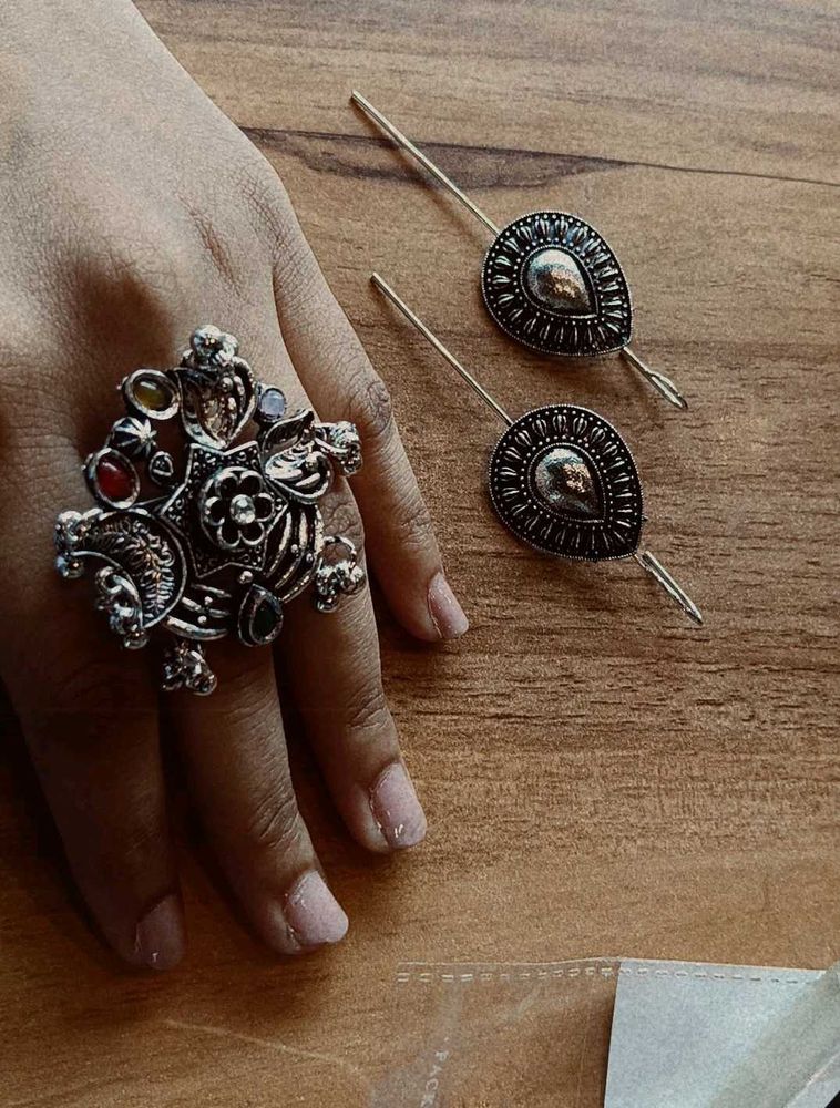 Silver Drop Earrings With Ring